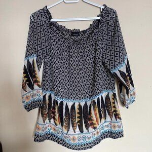 Tchibo Boho Print Peasant Top Sz 42 Feather Hem Tribal Pattern